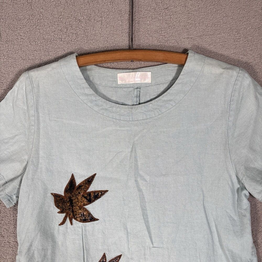 Baletti‎ Vitorino Top Women’s Size M Leaf Applique Slit Hem Powder Blue Bohemian - Picture 2 of 13